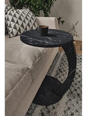 Esranın Dünyası Tekerlekli C Şeklinde Yan Sehpa - Siyah Mermer Desen