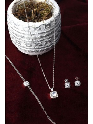By Barun Kare Kolye Küpe Bileklik Set 925 Ayar Yuvarlak Beyaz Taşlı Zirkon Gümüş Zincir Set