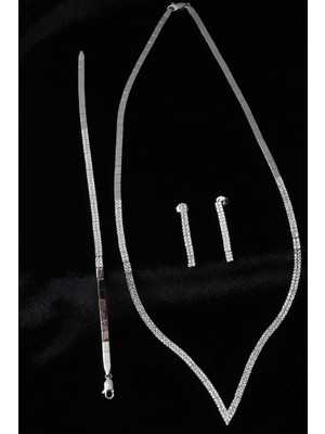 By Barun Baget Kare Kolye Küpe Bileklik Set 925 Ayar Zirkon Taşlı Abiye Düğün Kına Nişan Su Yolu Gümüş Zincir Set;