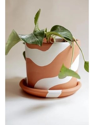 Esranın Dünyası El Yapımı Terracotta Silindir Saksı + Tabak - Bohem Beyaz (Küçük)