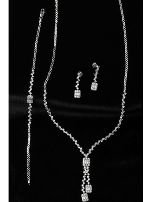 By Barun Baget Kare Kolye Küpe Bileklik Set 925 Ayar Zirkon Taşlı Abiye Düğün Kına Nişan Su Yolu Gümüş Zincir Set ST-0008