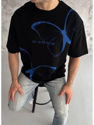Sun&north Unisex Bisiklet Yaka Baskılı Oversize T-Shirt - Siyah