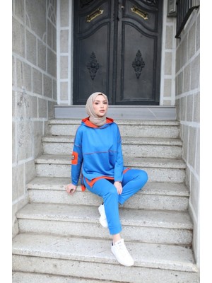 Barış Beauty Kadın Indigo Kapşonlu Etek Ucu Detay Arma Ters Dikiş Gorunumlu Ikili Takım