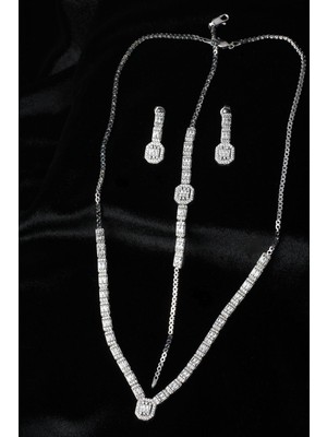 By Barun Baget Kare Kolye Küpe Bileklik Set 925 Ayar Zirkon Taşlı Abiye Düğün Kına Nişan Su Yolu Gümüş Zincir Set ST-0009