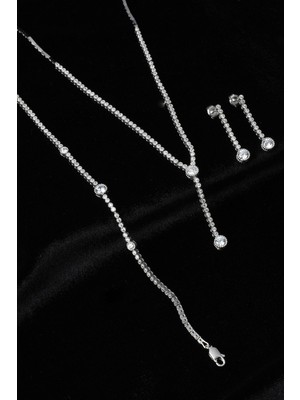 By Barun Su Yolu Yuvarlak Kolye Küpe Bileklik Set 925 Ayar Zirkon Taşlı Beyaz Silver Abiye Düğün Nişan Kına