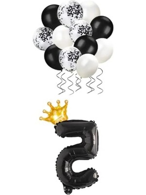 Esranın Dünyası 5 Rakam Siyah Folyo Balon Seti - Kral Tacı ve Konfetilerle