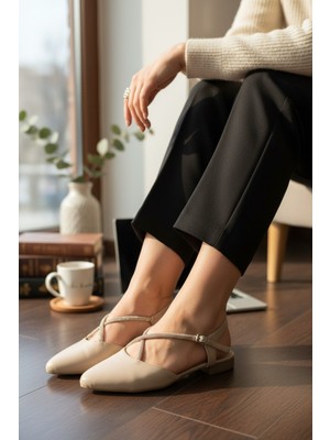 Enoch Kadın Taş Işlemeli Çapraz Bantlı Slingback Ekru Babet