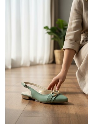 Enoch Kadın Gold Zincir Detaylı Slingback Su Yeşili Babet