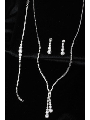 By Barun Su Yolu Yuvarlak Kolye Küpe Bileklik Set 925 Ayar Zirkon Taşlı Beyaz Silver Abiye Düğün Nişan Kına Gümüş Zincir Set
