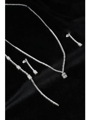 By Barun Baget Kare Kolye Küpe Bileklik Set 925 Ayar Zirkon Taşlı Abiye Düğün Kına Nişan Su Yolu Gümüş Zincir Set