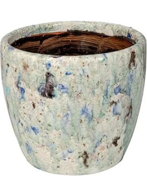 Esranın Dünyası Mavi Çatlak Sırlı Büyük Terra-Cotta Saksı
