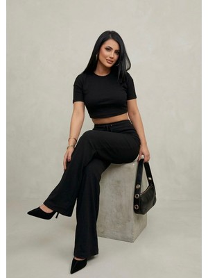 Zeravie Butik Kadın Fitilli Kaşkorse Crop Top ve Bol Paça Ikili Takım