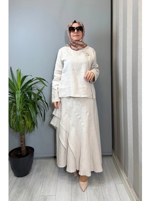 Clande Aksesuarlı Keten Bluz Etek Takım Taş 2601-2023 (3045)