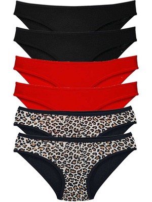 6 Adet Özel Set Likralı Yumuşak Dokulu Kadın Slip Külot Leopar Siyah Kırmızı