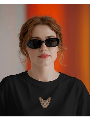 Muhtar Store Sphynx Kedi Baskılı Kadın Oversize Tişört – Minimal Sphynx Cat Tasarım