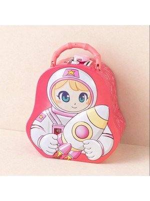 Hayveys Pembe Astronot Tasarımlı Kilitli Metal Kumbara Çanta – Çocuklar Için Para Biriktirme Kutusu