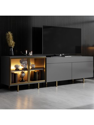 Modatte Mobilya MODATTE Vienna Gold Demir Ayaklı Rgb LED Işık Sistemli Antrasit Tv Ünitesi Tv Sehpası