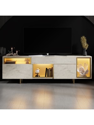 Modatte Mobilya MODATTE Norm Gold Demir Ayaklı Rgb LED Işık Sistemli Traverten Tv Ünitesi Tv Sehpası