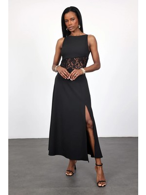 5in1Canpolat Siyah Dantel Geçişli Yırtmaçlı Elbise 1222