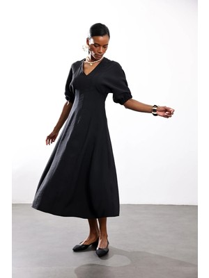 5in1Canpolat Siyah Balon Kollu Midi Elbise 5282