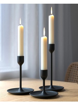 IKEA 3 Adet Ayaklı Şamdan Yükseklik 10, 15 ve 20 cm 3'lü Seti Siyah Renk Dekoratif Metal Mumluk