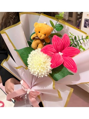 Roya Happiness Sevgiliye Özel Romantik Hediye Ayıcık ve Çiçek Aranjmanı Pembe Şönil Çiçek Buketi Doğumgünü