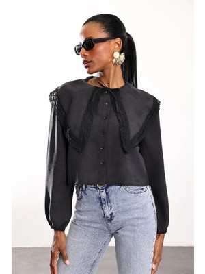 5in1Canpolat Siyah Bebe Yaka Dantelli Gömlek 0539