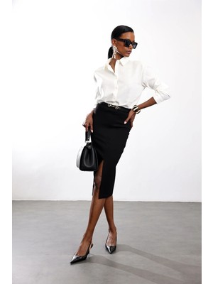 5in1Canpolat Siyah Likralı Midi Boy Etek 5015