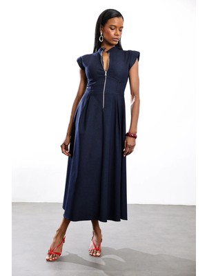 5in1Canpolat Lacivert Önü Fermuarlı Maxi Denim Elbise 3004