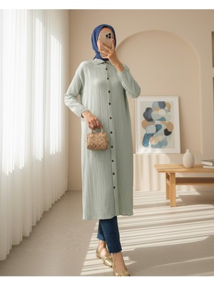 Modamorfo Boydan Düğmeli Kolu Lastikli Uzun Krinkıl Tunik    -Açık Gri