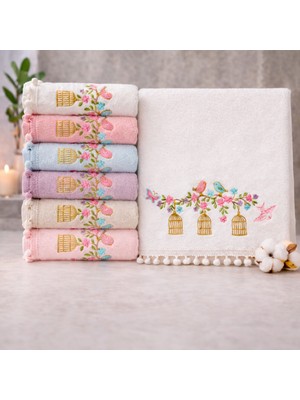 Beğenal 6'lı Kadife Ponponlu Flora Light Kafes Nakışlı El-Yüz Havlu Seti (50 X90 Cm)