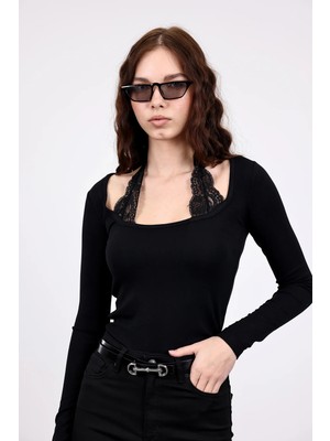 5in1Canpolat Siyah Dantelli Uzun Kol Bluz ÖB261017