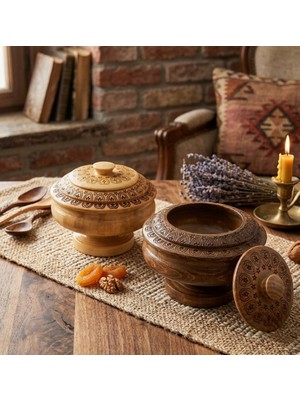 Melinee Modern Ayaklı Desenli Ahşap Şekerlik - Cnc Işlemeli Kapaklı Ceviz Rengi Ahşap Sunumluk 18X15 cm