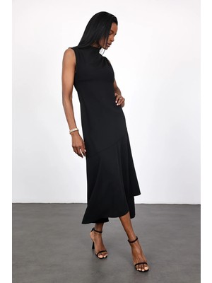 5in1Canpolat Siyah Omuzu Drapeli Asimetrik Elbise 18190