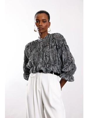 5in1Canpolat Antrasit Etnik Desenli Gömlek 1287