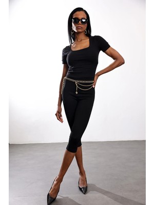 5in1Canpolat Siyah Dikişsiz Kapri Tayt Pantolon 7029