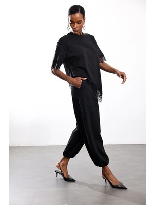 5in1Canpolat Siyah Paçası Lastikli Kumaş Pantolon 9016