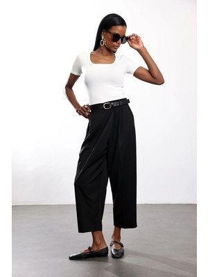 5in1Canpolat Siyah Pileli Barrel Kesim Kumaş Pantolon 18191