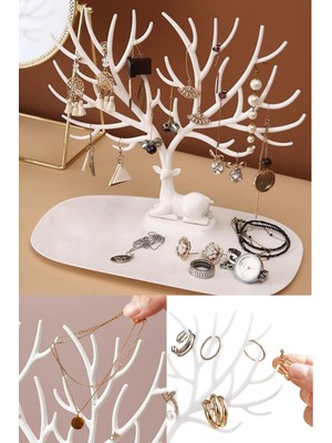 Tonkut Geyik Tasarımlı Plastik Takı Standı Yüzük Küpe Kolye Askılığı Mücevher Organizer Beyaz