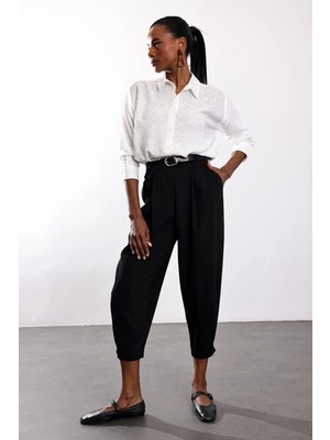 5in1Canpolat Siyah Krep Paçası Düğmeli Pantolon 1436