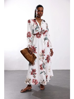 5in1Canpolat Ekru Desenli Keten Elbise 39451