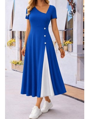 Kendim Fashion Kadın Kısa Kollu Asimetrik Yakalı Düğme Detaylı Midi Viskon Elbise