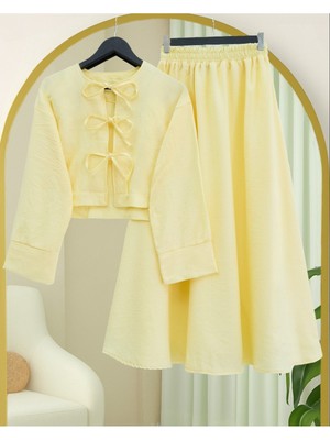 Modamorfo Önü Bağcıklı Beli Lastikli Etekli Keten Takım      -Sarı