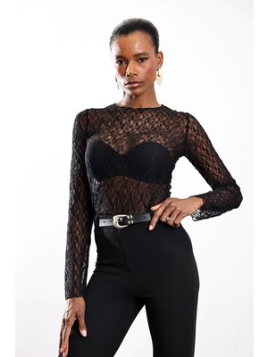 5in1Canpolat Siyah Uzun Kollu Dantelli Bluz 17448