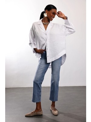 5in1Canpolat Beyaz Oversize Keten Gömlek 1926