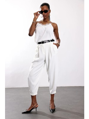 5in1Canpolat Beyaz Krep Paçası Düğmeli Pantolon 1436