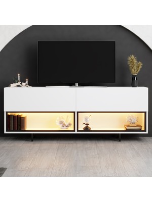 Modatte Mobilya MODATTE Ekol Siyah Demir Ayaklı Rgb LED Işık Sistemli Beyaz Tv Ünitesi Tv Sehpası