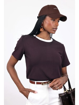 5in1Canpolat Kahverengi Kontrast Biyeli Pamuk Basic Tişört