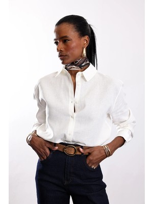 5in1Canpolat Kırık Beyaz Keten Dokulu Klasik Kesim Gömlek