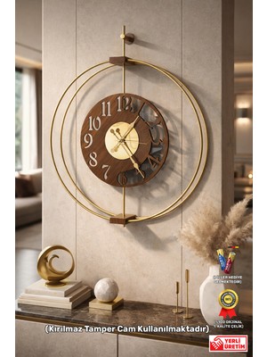 Wallover Design Xl Boy Larissa Luxry Gold/ceviz Metal Sessiz Duvar Saati - Kırılmaz Camlı Lüks Duvar Saati 60X75
